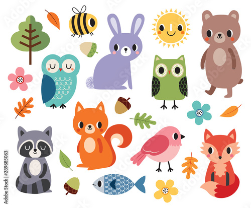 Vector set of cute forest animals and birds, flowers and autumn leaves, isolated on white. Cute colorful elements for baby shower, children, fall and autumn, Thanksgiving, stickers and patches.