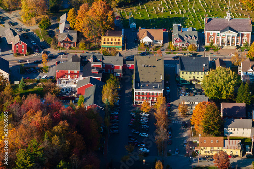 Aerial view of the town of Stowe Vermont on a colorful autumn afternoon
