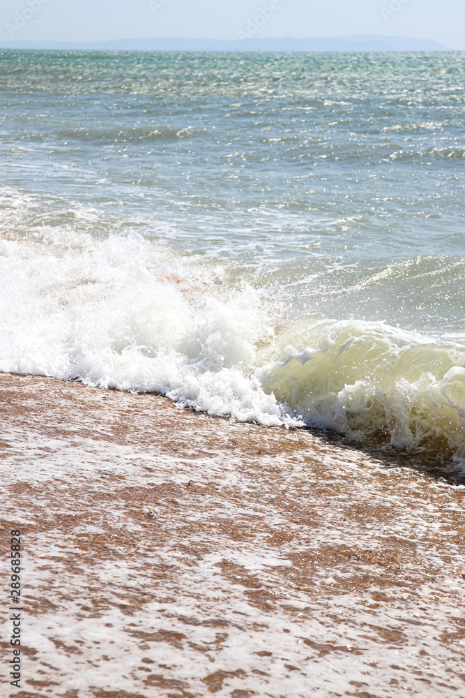 Seascape - sea wave, foam and spray. Ocean whitecaps at sandy beach