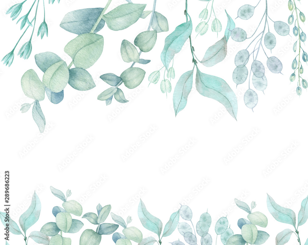 Blue plants border. Branches of eucalyptus and dried bouquets for decoration. Christmas, winter holidays, wedding, invitations, planner decorative plant elements.Watercolor illustration. Blue plants border. Branches of eucalyptus and dried bouquets for decoration. Christmas, winter holidays, wedding, invitations, planner decorative plant elements.Watercolor illustration.