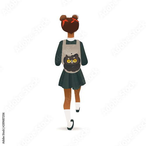 Cartoon school girl with backpack from back view - little child in uniform