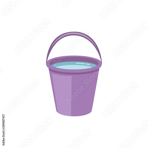 Plastic purple bucket full of water - flat cartoon vector illustration