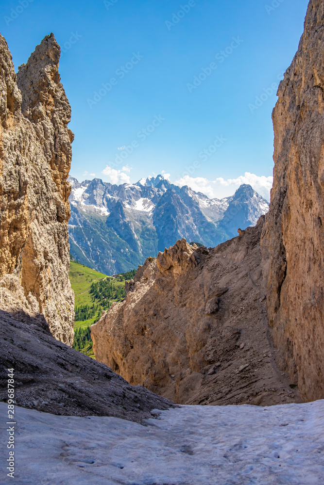 Fototapeta premium View from the Cristina fork near the Dolomite mountains near the Fratelli Fonda Savio refuge, Veneto - Italy
