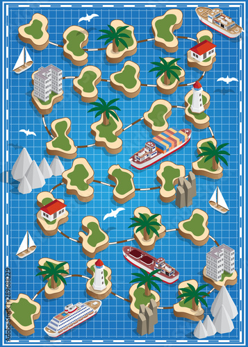 Board game on the sea theme. Isometric. Vector illustration.