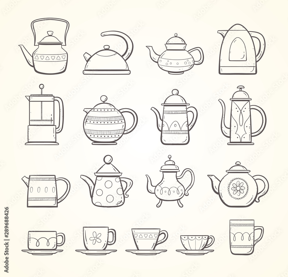 Hand drawn teapots and cups collection Hand drawn teapots and cups collection