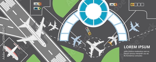 Top view airport area plan banner with text template