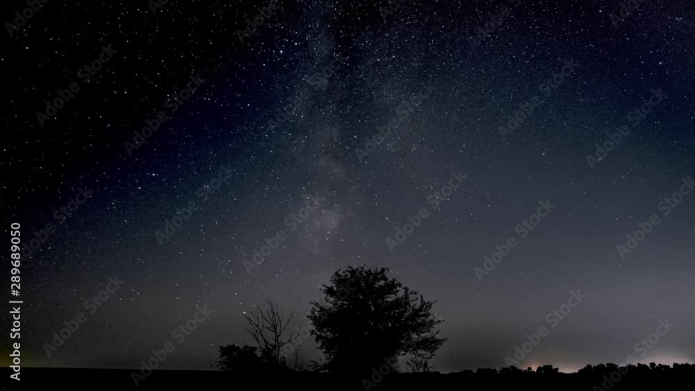 The Milky Way is moving in the night sky over the silhouettes of trees. Timelapse. 4K The Milky Way is moving in the night sky over the silhouettes of trees. Timelapse. 4K