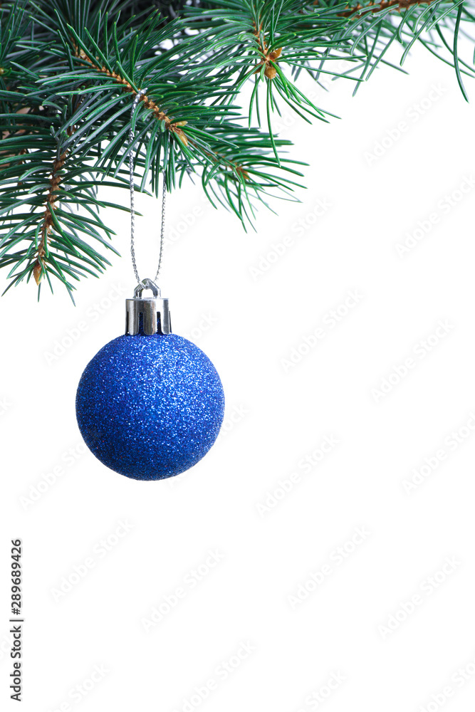 Blue Christmas ball hanging on fir tree branch against white background Blue Christmas ball hanging on fir tree branch against white background