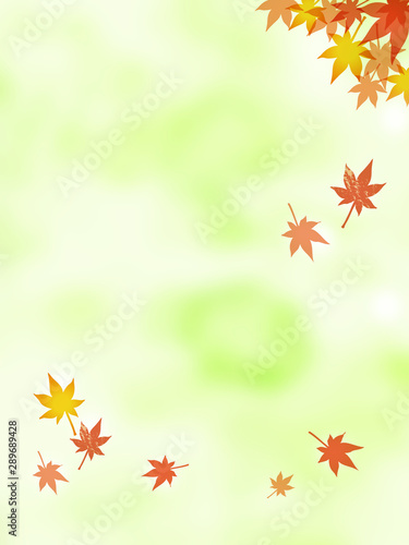 紅葉と水彩風背景　黄緑