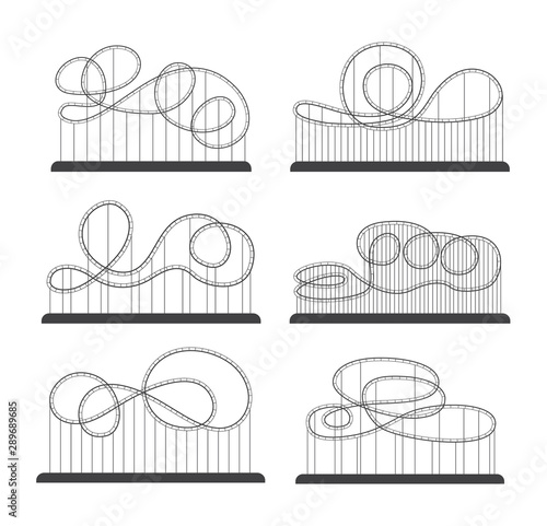 Roller coaster of amusement park silhouette set of vector illustrations isolated.