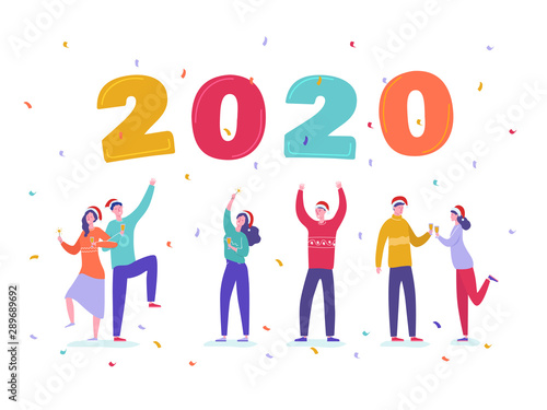 Christmas and Happy New Year greeting card with dancing people characters with 2020 year. Women invite and celebrate, party, winter holidays. Vector illustration for postcard, poster, invitation
