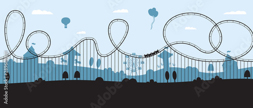 Rollercoaster banner - flat cartoon amusement park skyline silhouette