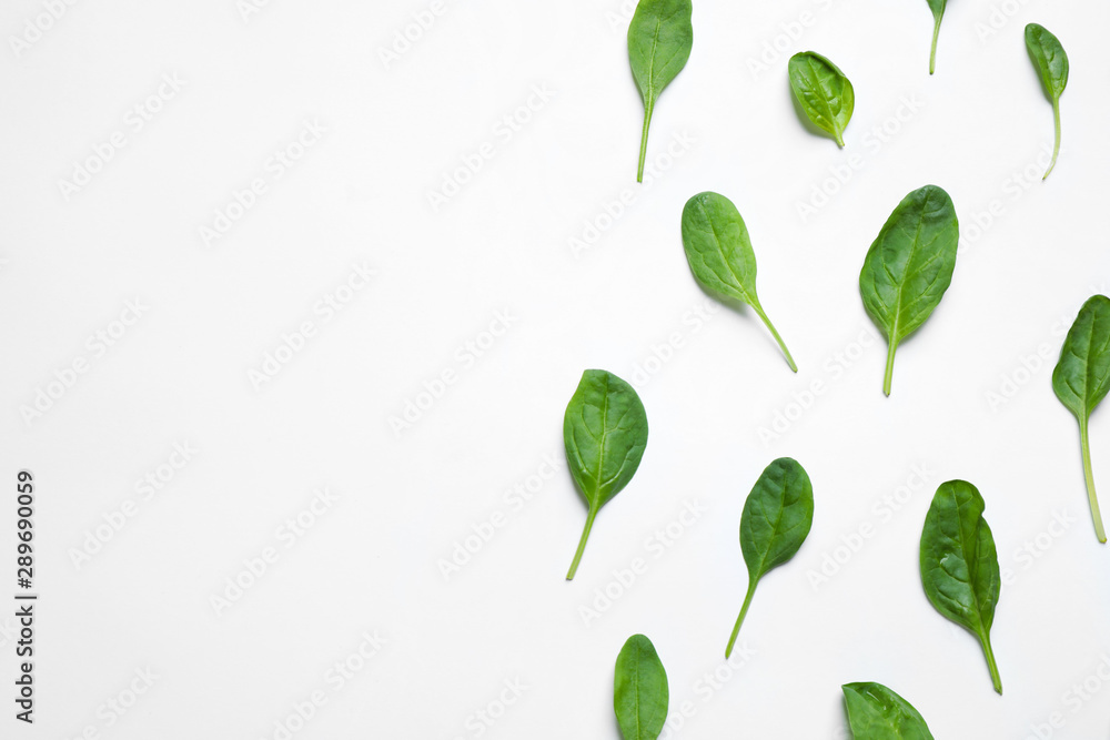 Fresh green healthy spinach on white background, top view