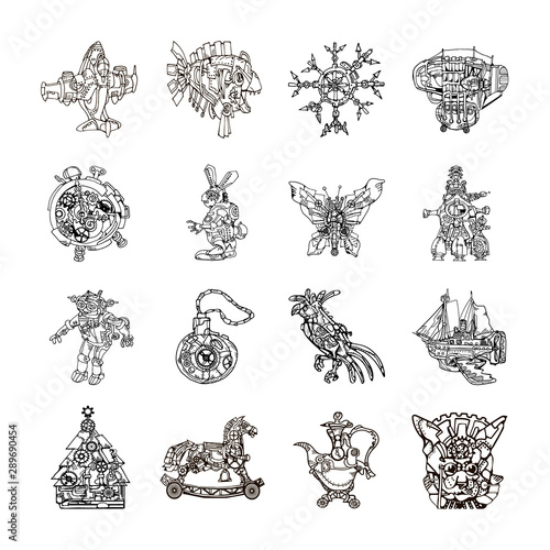 Set of 16 line art abstract fantasy vintage steampunk style toy icons featuring fictional machines and animals. Christmas tree toys set. Hand drawn elements. 
