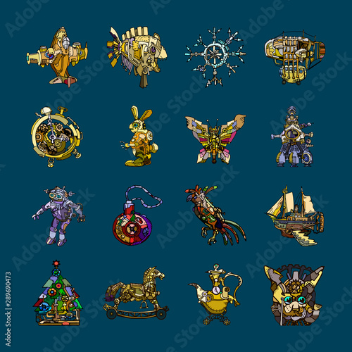 Set of 16 line art abstract fantasy vintage steampunk style toy icons featuring fictional machines and animals. Christmas tree toys set. Hand drawn elements. 