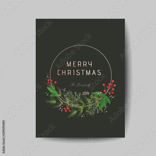 Elegant Merry Christmas and New Year 2020 Card with Pine Wreath  Mistletoe  Winter plants design illustration for greetings  invitation 2019  flyer  brochure  cover in vector