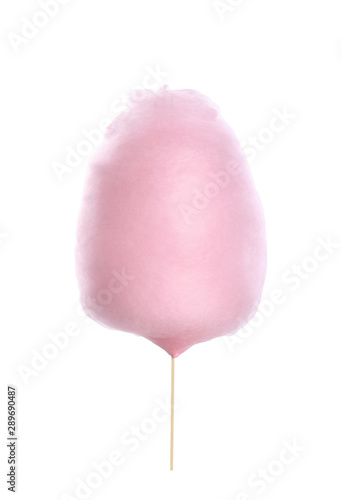 Young woman holding pink cotton candy on white background, closeup