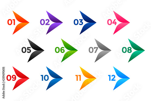stylish arrow number bullet points from one to twelve