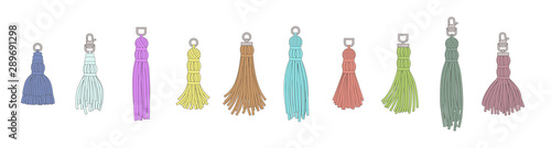 Isolated colorful tassel set in hand drawn cartoon style