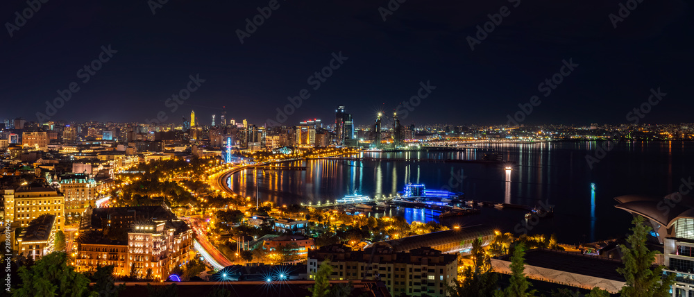 Wide panorama of night Baku city