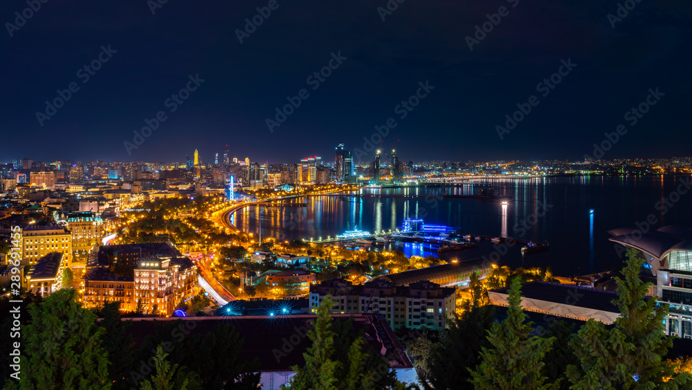 Wide panorama of night Baku city