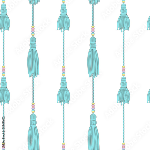 Teal blue tassels seamless pattern, flat cartoon background of hand drawn tassel
