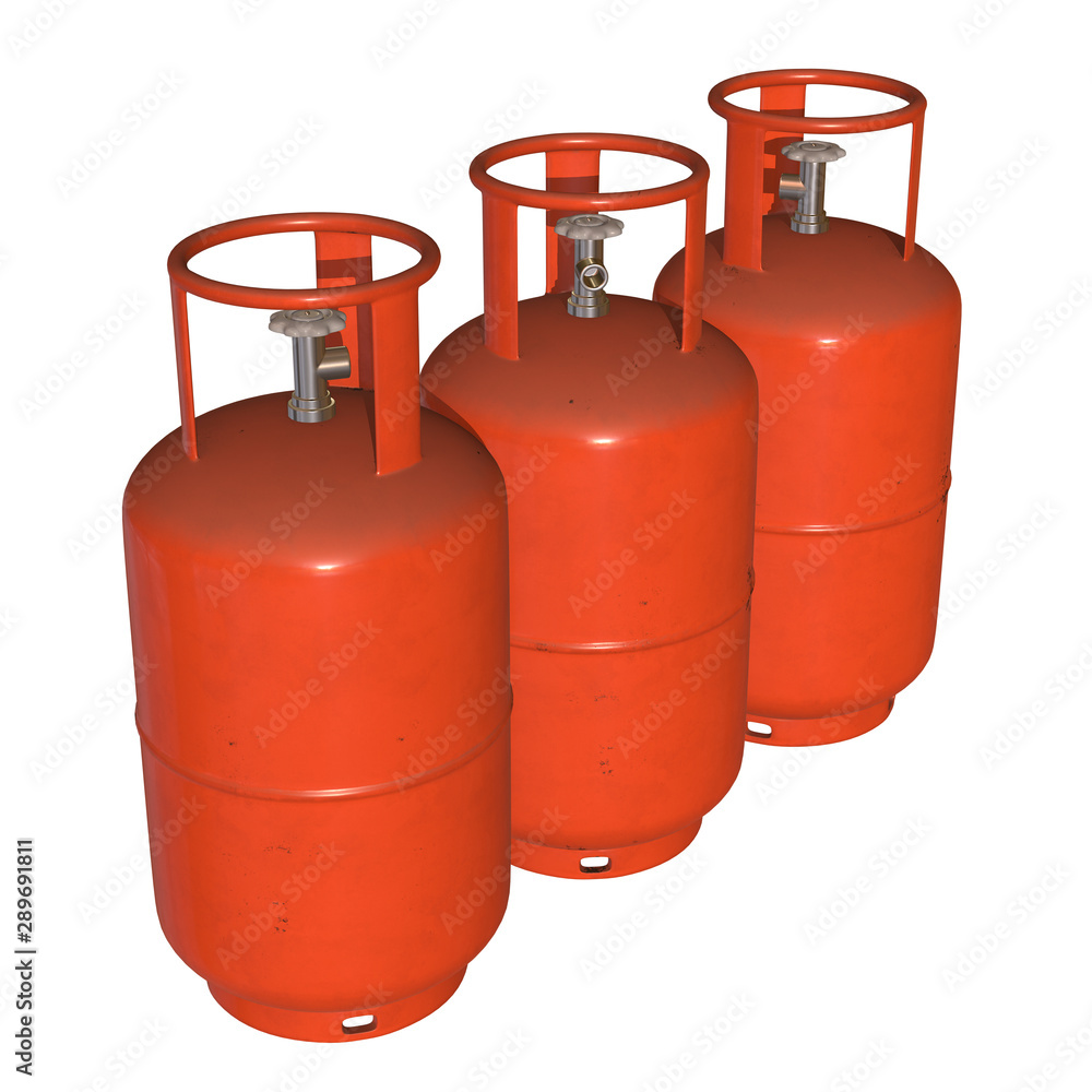 Gas cylinder lpg tank gas-bottle. Propane gas-cylinder balloon. Cylindrical container with liquefied compressed gases with high pressure and valves 3d render isolated on white background