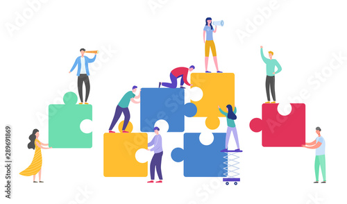 Business Teamwork Concept. Tiny Characters Connecting Puzzle Pieces. Creative Solutions, Collaboration and Partnership with People Working Together. Vector illustration