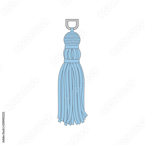 Light blue textile tassel with flowing rope skirt and metal suspension cord.