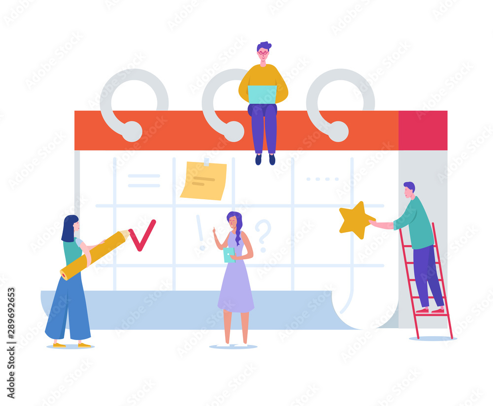 Business People Working on Schedule. Tiny Characters Planning Work Project on Desk Calendar. Reminder, Time Table Concept. Man and Woman Working Together. Vector illustration