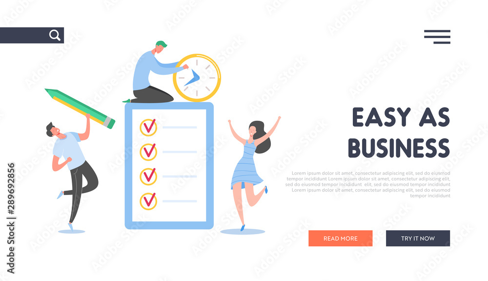 Business People Working Together with Checklist Landing Page. Tiny Characters Completing Business Tasks List. Man and Woman with To Do Document with Checkboxes for Website. Vector illustration Business People Working Together with Checklist Landing Page. Tiny Characters Completing Business Tasks List. Man and Woman with To Do Document with Checkboxes for Website. Vector illustration