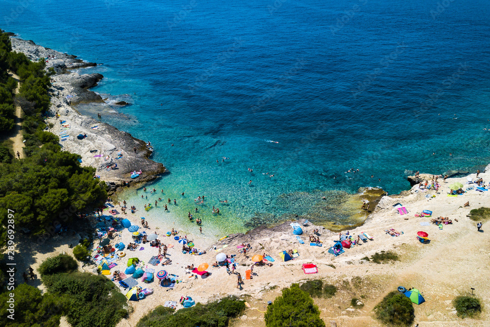Kamenjak Njive beach near Premantura, Istria , Croatia. Aerial drone photo , summer 2019