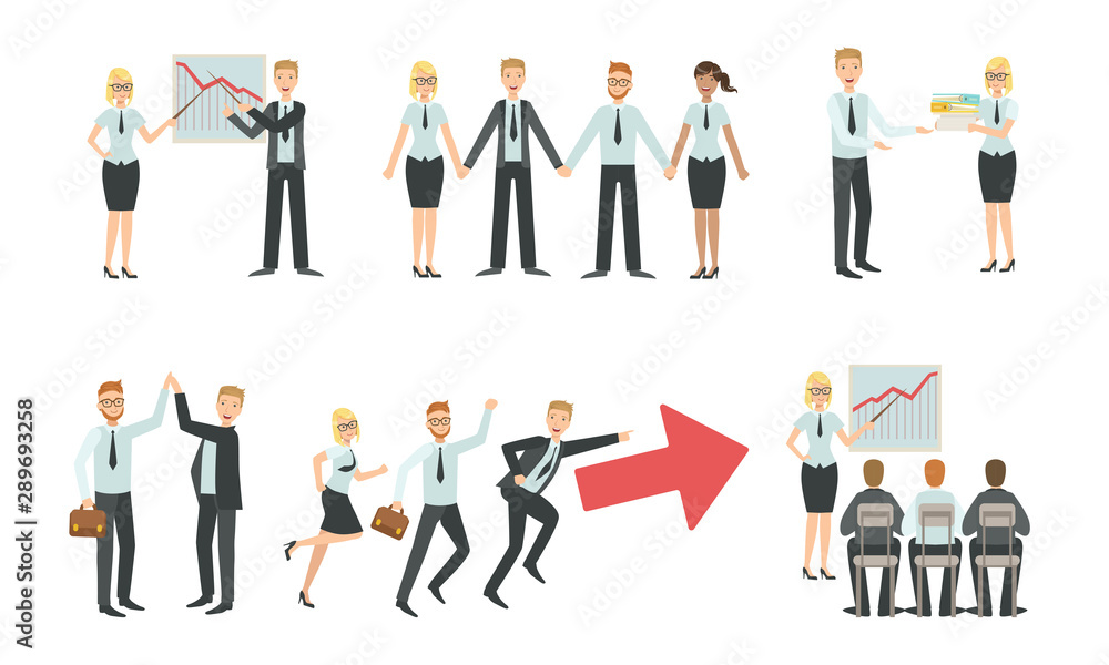 Sucessful Business People Characters Working in Office Set, Teamwork, Business Competition, Negotiation, Brainstorming Vector Illustration