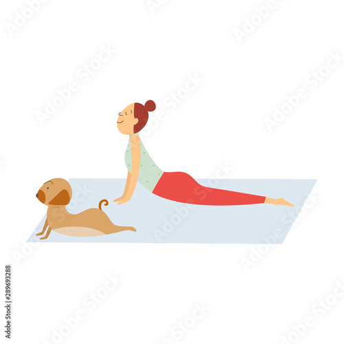 Cartoon woman doing yoga with her dog - cute pet and owner stretching