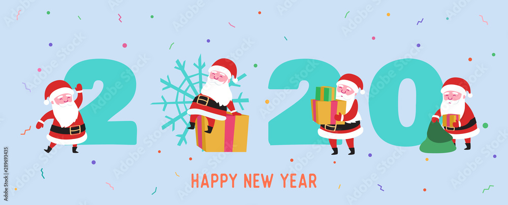 Obraz premium Happy Holidays Greeting Card with Santa Claus, Gift Boxes for Xmas Party. Merry Christmas Postcard. Happy New 2020 Year Banner with Santa for Poster, Invitation. Vector illustration