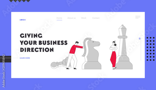 Business Strategy Website Landing Page. Woman Stand near King Chess Piece, Man Pushing Horse. Victory in Battle, Checkmate Loss in Business. Web Page Banner. Cartoon Flat Vector Illustration, Line Art