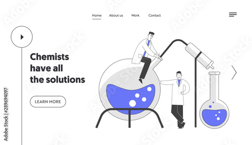 Scientists Conducting Experiments in Science Laboratory Website Landing Page. Male Characters Researchers in Chemical Lab Scientific Research Web Page Banner Cartoon Flat Vector Illustration, Line Art