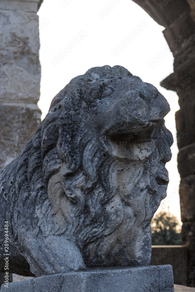 Lion statue inside the Pula Arena (Arena di Pola), ancient Roman amphitheatre in Pula, Croatia - Image
