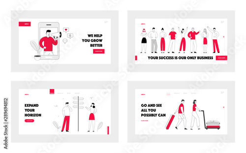 Social Media Blogger, Business People on Crossroad Fork Pointer, Joyful Managers Team, Tourists with Luggage Website Landing Page Set, Web Page Banner. Cartoon Flat Vector Illustration, Line Art