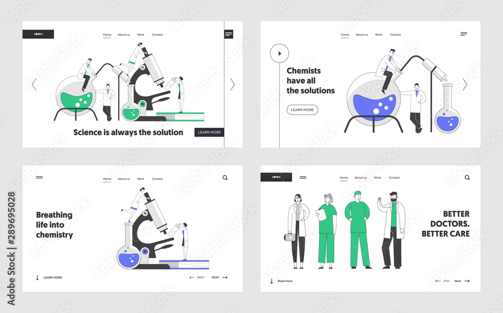 Chemistry and Medicine Website Landing Page Set. Scientists Conducting Experiments in Science Laboratory. Doctors Staff in White Robes Web Page Banner. Cartoon Flat Vector Illustration, Line Art