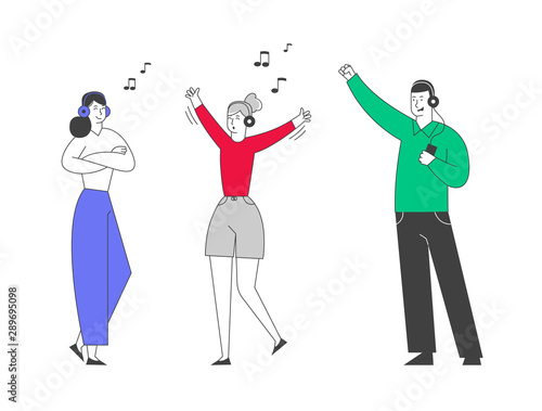 Young Girls and Man Wearing Headset Listening Music Tracks. Fans Cheering Dancing and Jumping with Hands Up. Friends Having Fun Leisure. People Clubbing in Night Club. Cartoon Flat Vector Illustration