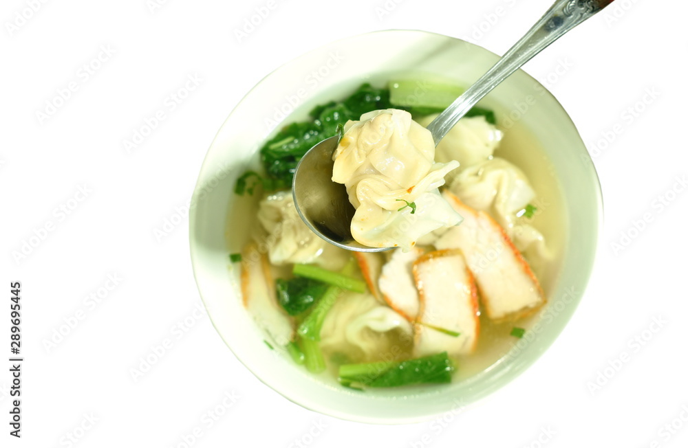 Chinese dumpling stuffed shrimp and minced pork with clear soup scooping on silver spoon in white background Chinese dumpling stuffed shrimp and minced pork with clear soup scooping on silver spoon in white background
