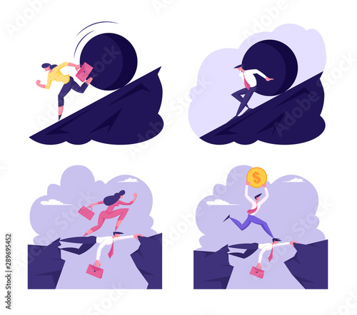 Set of Business People Running Away From Big Stone Rolling Down from Hill. Careerist, Social Climber Run over Head of Businessman Colleague. Challenge or Problems. Cartoon Flat Vector Illustration