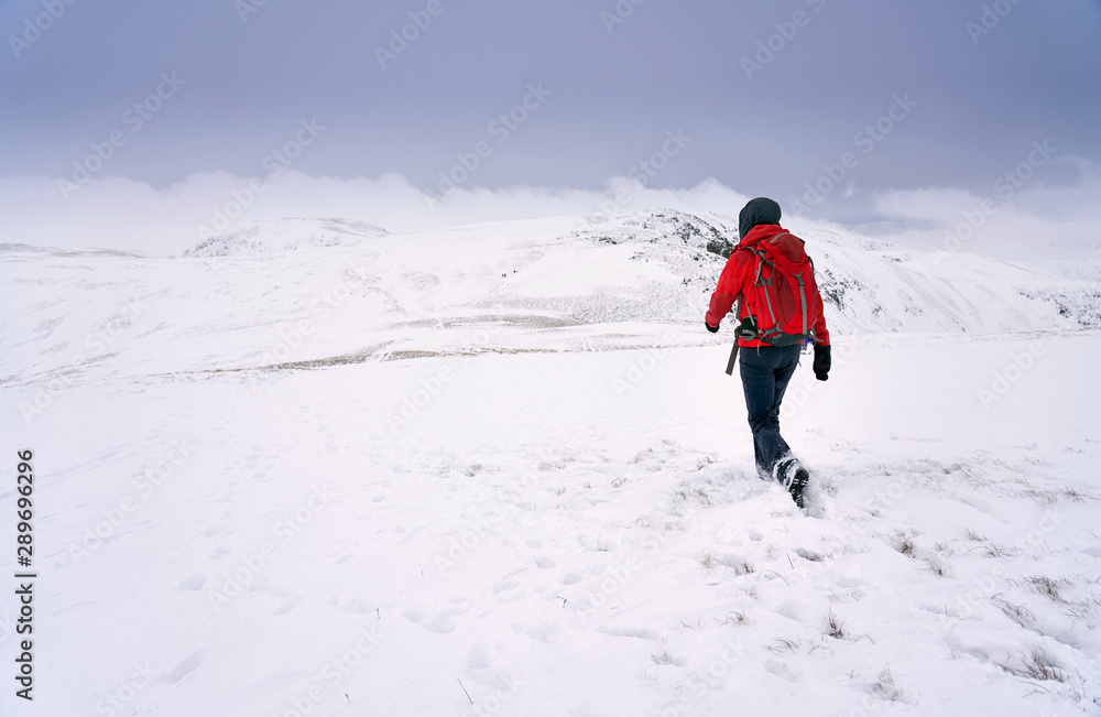 A hiker walking through fresh snow while descending from the summit of High Raise towards Rampsgill Head near Hartsop in the Lake District.