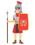 Roman legionary soldier holding long spear and shield