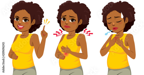 Happy beautiful afro black pregnant woman in three different actions pointing hand burning discomfort and difficulty breathing