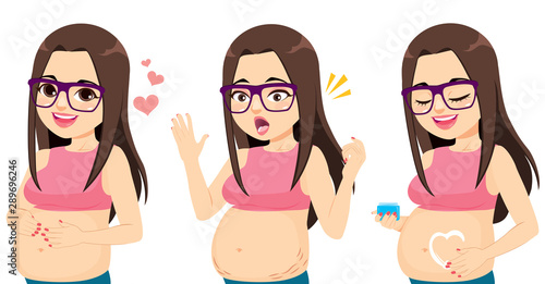 Happy beautiful brunette pregnant woman with glasses in three different actions hands on belly skin stretch marks and applying cream
