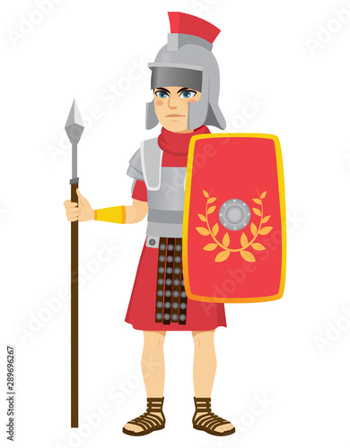 Roman legionary soldier holding long spear and shield