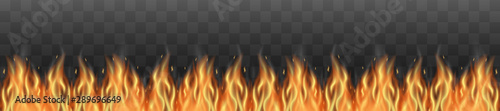 Long line of realistic fire flames isolated on black semi transparent background
