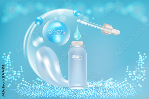 Beauty product ad design, blue cosmetic container with collagen solution advertising background ready to use, luxury skin care banner, illustration vector.	